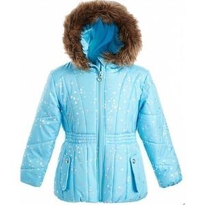 S Rothschild & Co Little Girls Hooded Foil-Print Jacket with Faux-Fur Tr…